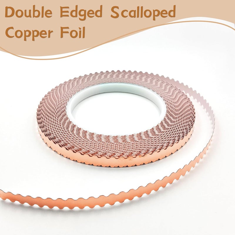 ARTKINGTO Black Backed Scalloped Copper Foil Tape, Double Edged Scalloped for Stained Glass, DIY Handicrafts, Crafting, 7/32" Small Scalloped - Image 2
